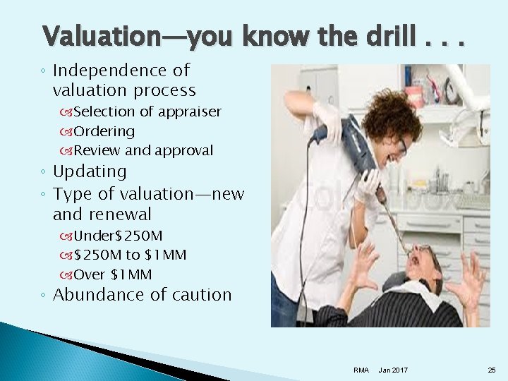 Valuation—you know the drill. . . ◦ Independence of valuation process Selection of appraiser