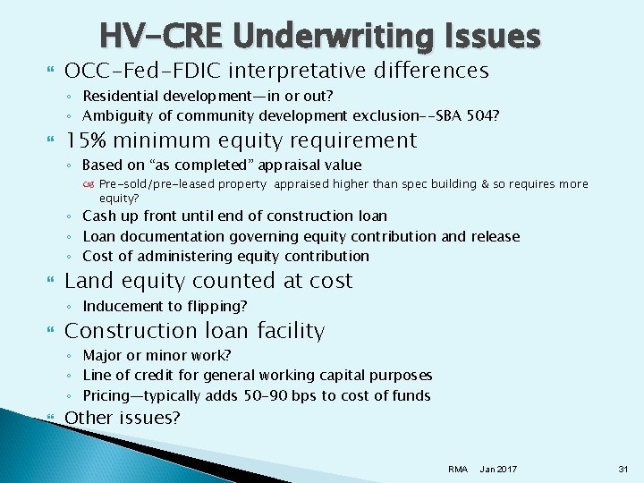 HV-CRE Underwriting Issues OCC-Fed-FDIC interpretative differences ◦ Residential development—in or out? ◦ Ambiguity of
