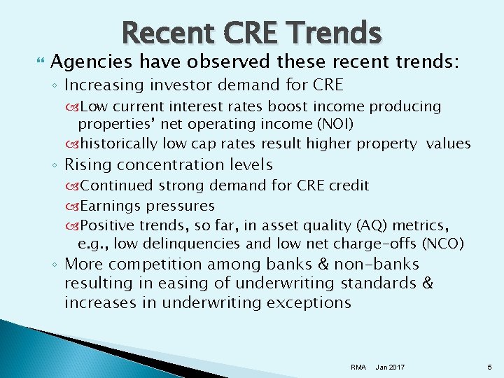  Recent CRE Trends Agencies have observed these recent trends: ◦ Increasing investor demand