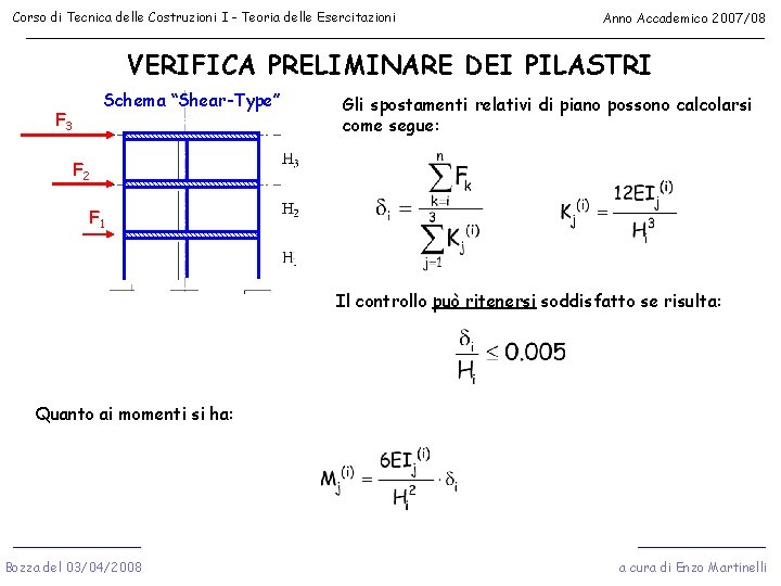 Corso di Tecnica delle Costruzioni I - Teoria delle Esercitazioni Anno Accademico 2007/08 VERIFICA