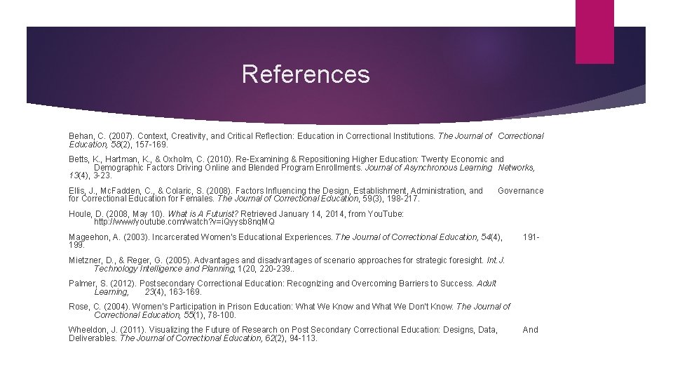 References Behan, C. (2007). Context, Creativity, and Critical Reflection: Education in Correctional Institutions. The