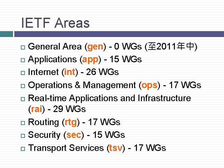 IETF Areas General Area (gen) - 0 WGs (至 2011年中) Applications (app) - 15