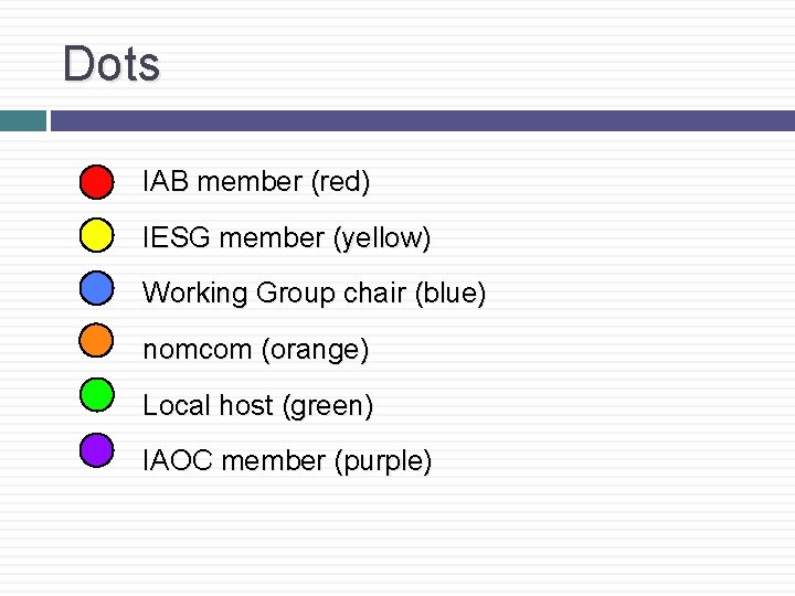 Dots IAB member (red) IESG member (yellow) Working Group chair (blue) nomcom (orange) Local