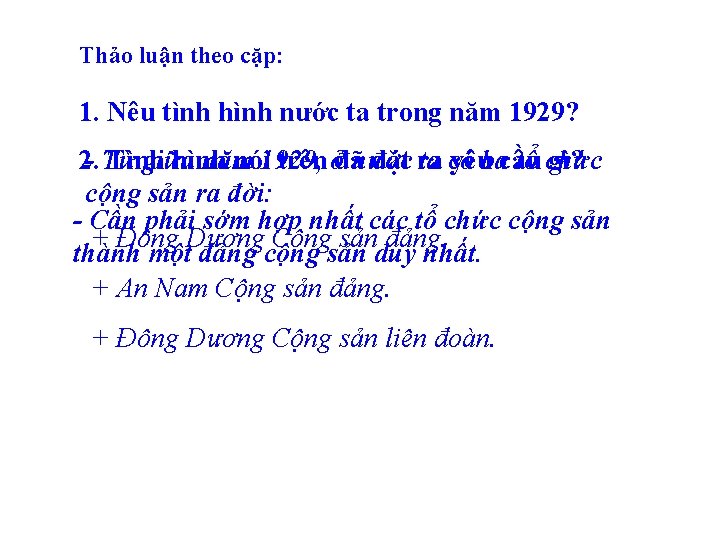 Thảo luận theo cặp: 1. Nêu tình hình nước ta trong năm 1929? 2.