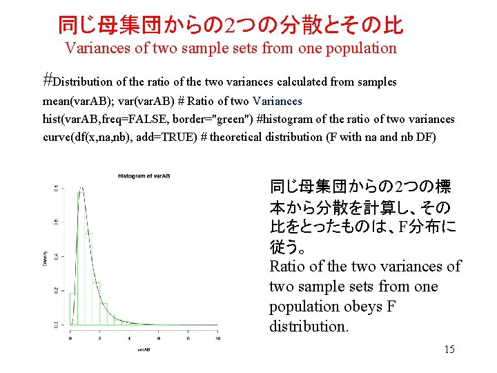 同じ母集団からの 2つの分散とその比 Variances of two sample sets from one population #Distribution of the ratio