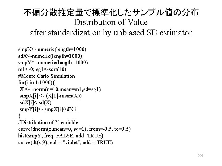 不偏分散推定量で標準化したサンプル値の分布 Distribution of Value after standardization by unbiased SD estimator smp. X<-numeric(length=1000) sd. X<-numeric(length=1000)