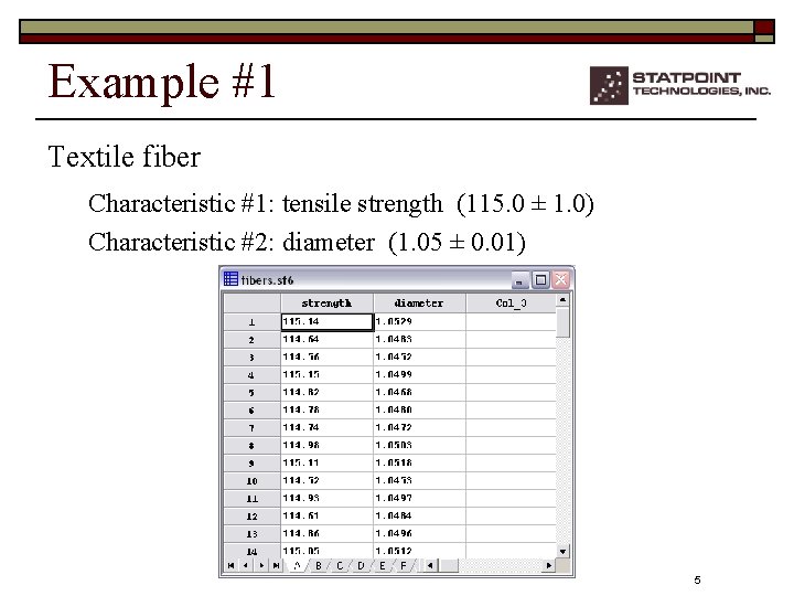 Example #1 Textile fiber Characteristic #1: tensile strength (115. 0 ± 1. 0) Characteristic