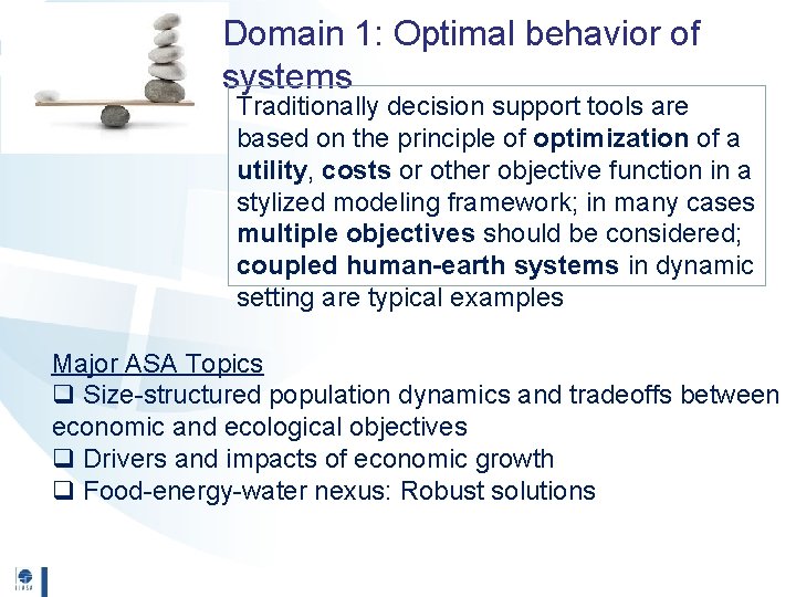 Domain 1: Optimal behavior of systems Traditionally decision support tools are based on the