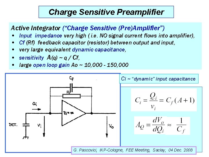 Charge Sensitive Preamplifier Active Integrator (“Charge Sensitive (Pre)Amplifier”) • • • Input impedance very