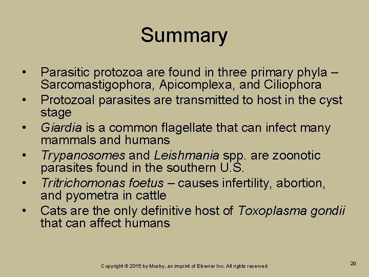 Summary • • • Parasitic protozoa are found in three primary phyla – Sarcomastigophora, Summary • • • Parasitic protozoa are found in three primary phyla – Sarcomastigophora,