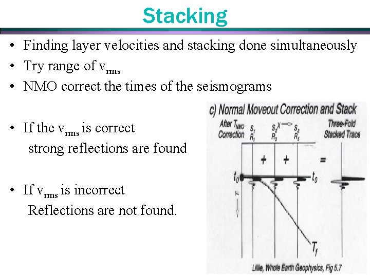Stacking • Finding layer velocities and stacking done simultaneously • Try range of vrms Stacking • Finding layer velocities and stacking done simultaneously • Try range of vrms
