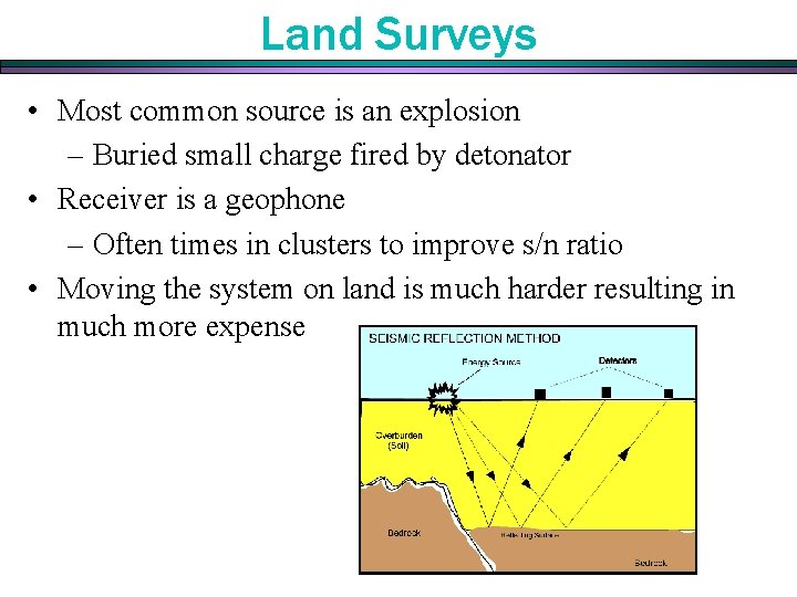 Land Surveys • Most common source is an explosion – Buried small charge fired Land Surveys • Most common source is an explosion – Buried small charge fired