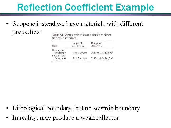 Reflection Coefficient Example • Suppose instead we have materials with different properties: • Lithological Reflection Coefficient Example • Suppose instead we have materials with different properties: • Lithological