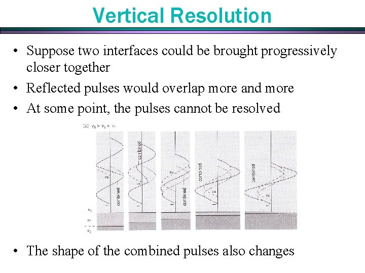 Vertical Resolution • Suppose two interfaces could be brought progressively closer together • Reflected Vertical Resolution • Suppose two interfaces could be brought progressively closer together • Reflected