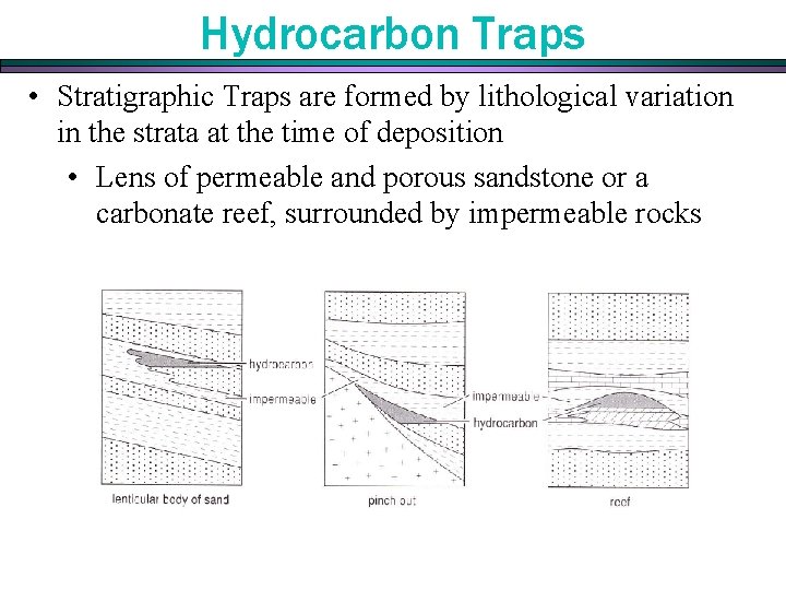 Hydrocarbon Traps • Stratigraphic Traps are formed by lithological variation in the strata at Hydrocarbon Traps • Stratigraphic Traps are formed by lithological variation in the strata at