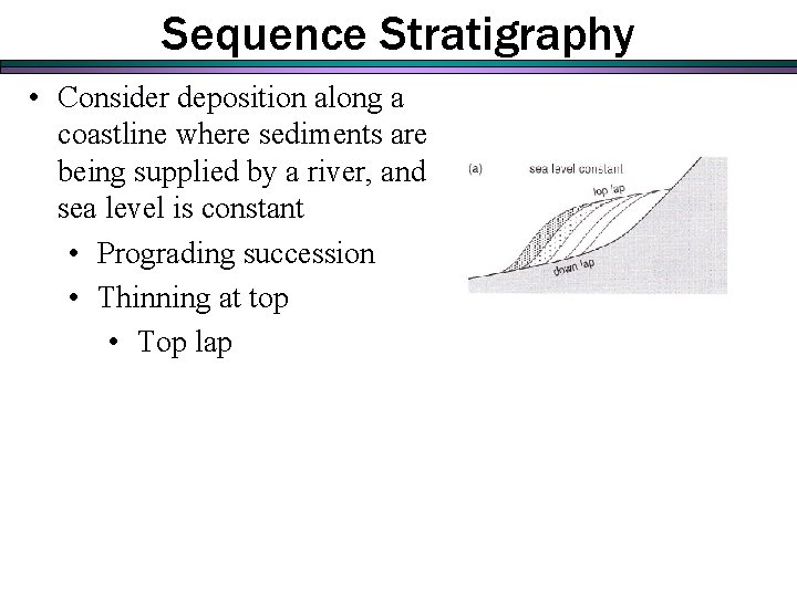Sequence Stratigraphy • Consider deposition along a coastline where sediments are being supplied by Sequence Stratigraphy • Consider deposition along a coastline where sediments are being supplied by