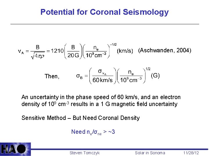 Potential for Coronal Seismology (Aschwanden, 2004) Then, An uncertainty in the phase speed of