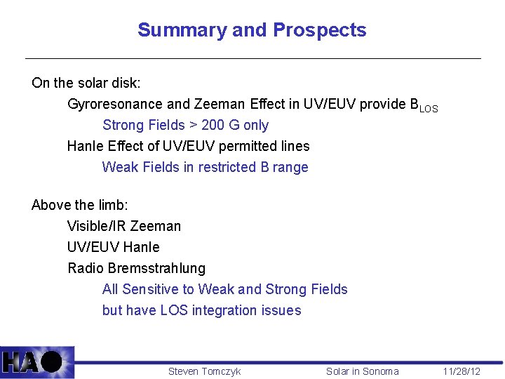 Summary and Prospects On the solar disk: Gyroresonance and Zeeman Effect in UV/EUV provide