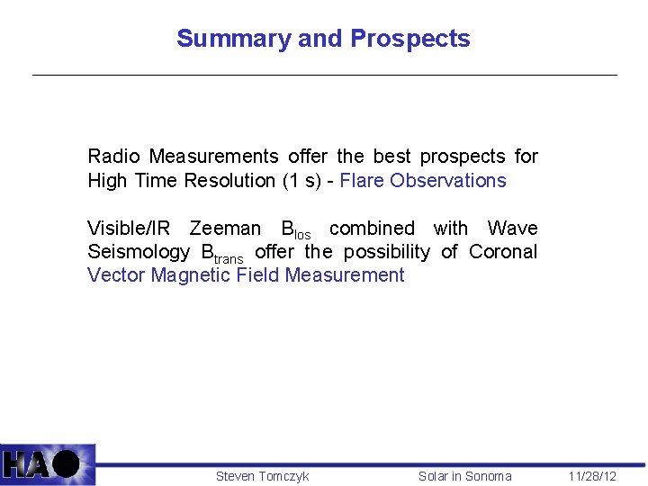 Summary and Prospects Radio Measurements offer the best prospects for High Time Resolution (1