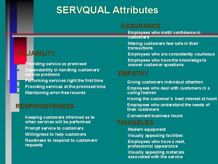 SERVQUAL Attributes ASSURANCE n n RELIABILITY n n n Providing service as promised Dependability SERVQUAL Attributes ASSURANCE n n RELIABILITY n n n Providing service as promised Dependability