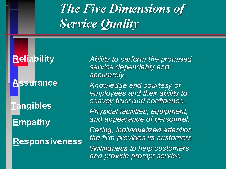 The Five Dimensions of Service Quality Reliability Ability to perform the promised service dependably The Five Dimensions of Service Quality Reliability Ability to perform the promised service dependably
