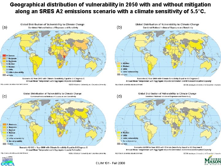 Geographical distribution of vulnerability in 2050 with and without mitigation along an SRES A