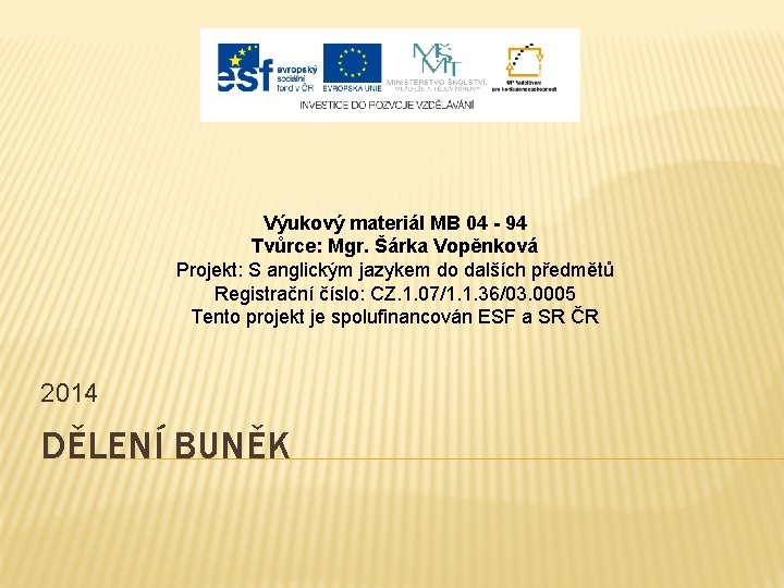 Výukový materiál MB 04 - 94 Tvůrce: Mgr. Šárka Vopěnková Projekt: S anglickým jazykem