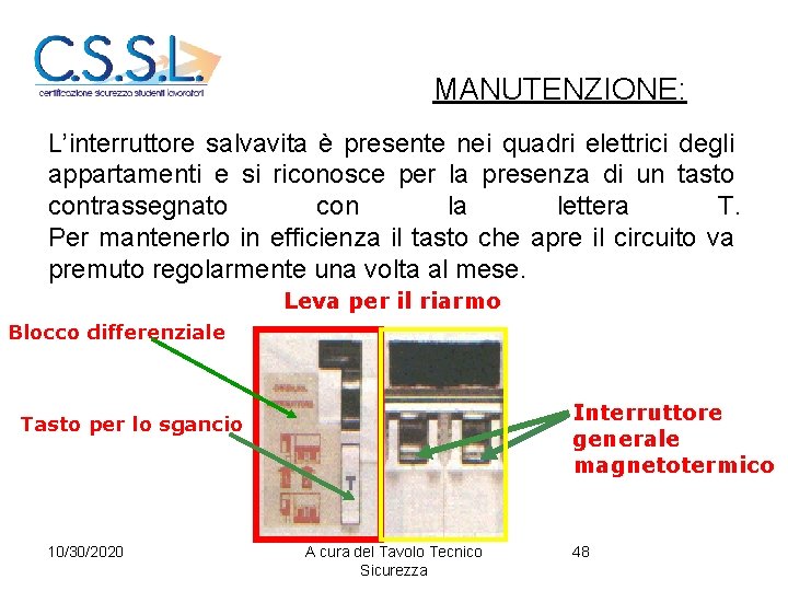 MANUTENZIONE: L’interruttore salvavita è presente nei quadri elettrici degli appartamenti e si riconosce per