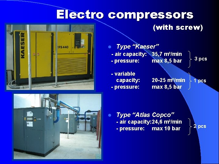 Electro compressors (with screw) l Type “Kaeser” - air capacity: 35, 7 m³/min -