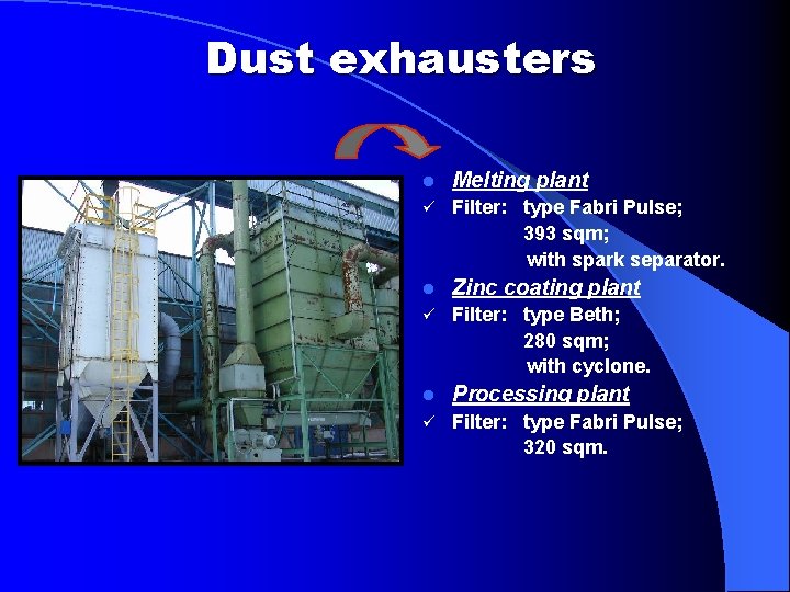 Dust exhausters l Melting plant ü Filter: type Fabri Pulse; 393 sqm; with spark