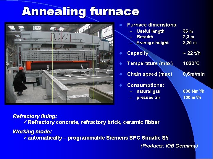 Annealing furnace l Furnace dimensions: – – – Useful length Breadth Average height 36