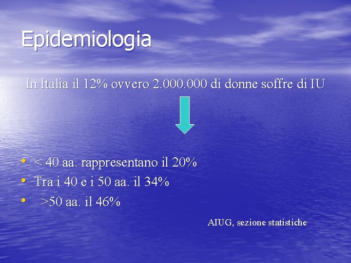 Epidemiologia In Italia il 12% ovvero 2. 000 di donne soffre di IU •