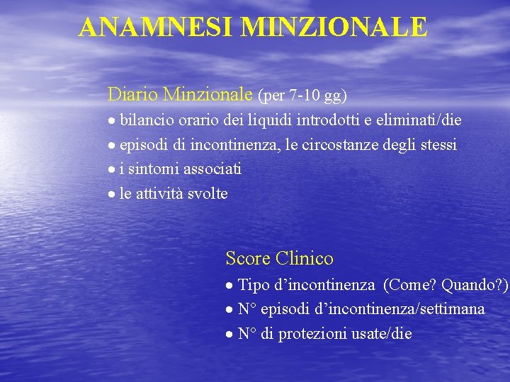 ANAMNESI MINZIONALE Diario Minzionale (per 7 -10 gg) · bilancio orario dei liquidi introdotti