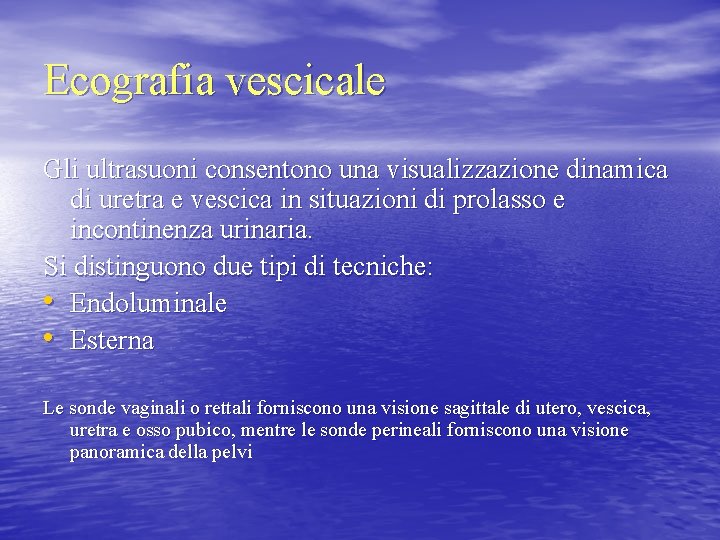 Ecografia vescicale Gli ultrasuoni consentono una visualizzazione dinamica di uretra e vescica in situazioni