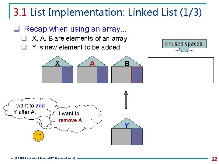 3. 1 List Implementation: Linked List (1/3) q Recap when using an array. .