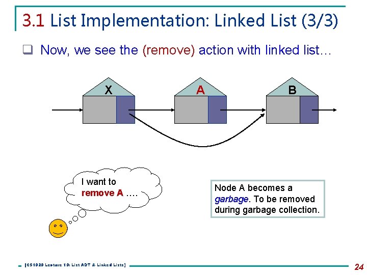 3. 1 List Implementation: Linked List (3/3) q Now, we see the (remove) action