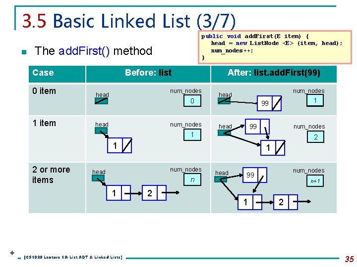 3. 5 Basic Linked List (3/7) n public void add. First(E item) { head