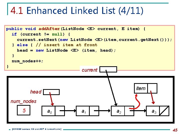 4. 1 Enhanced Linked List (4/11) public void add. After(List. Node <E> current, E