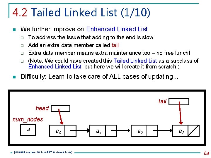 4. 2 Tailed Linked List (1/10) n We further improve on Enhanced Linked List