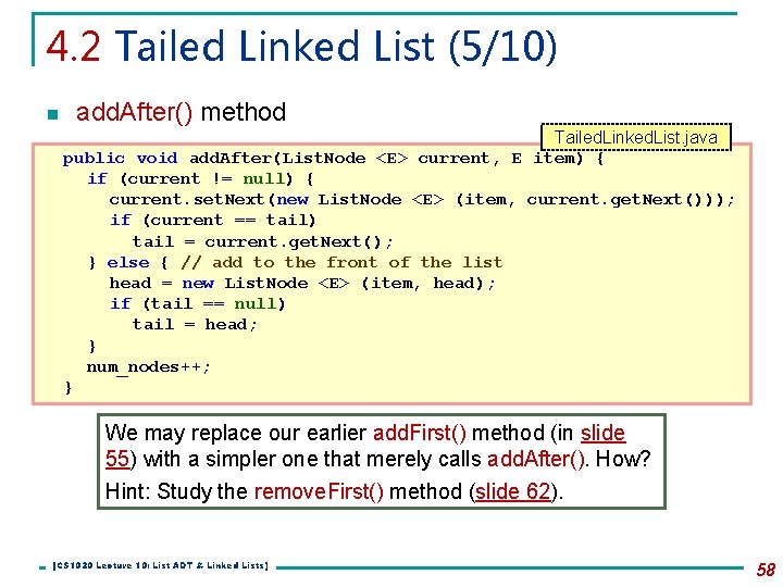4. 2 Tailed Linked List (5/10) n add. After() method Tailed. Linked. List. java