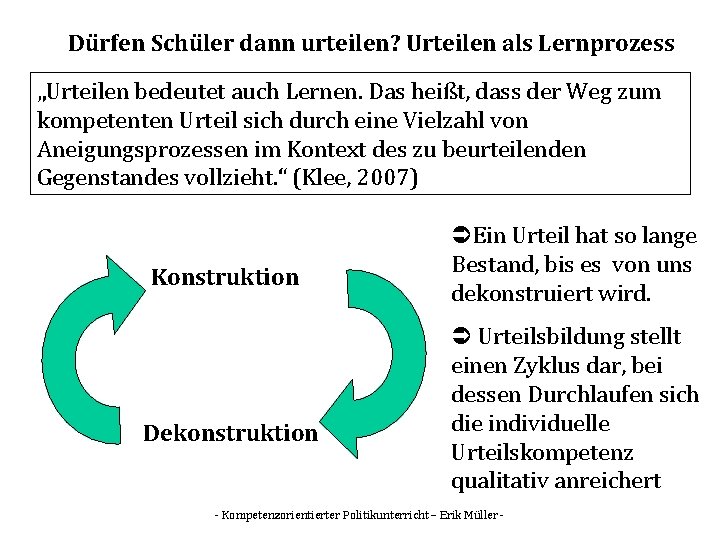 Dürfen Schüler dann urteilen? Urteilen als Lernprozess „Urteilen bedeutet auch Lernen. Das heißt, dass