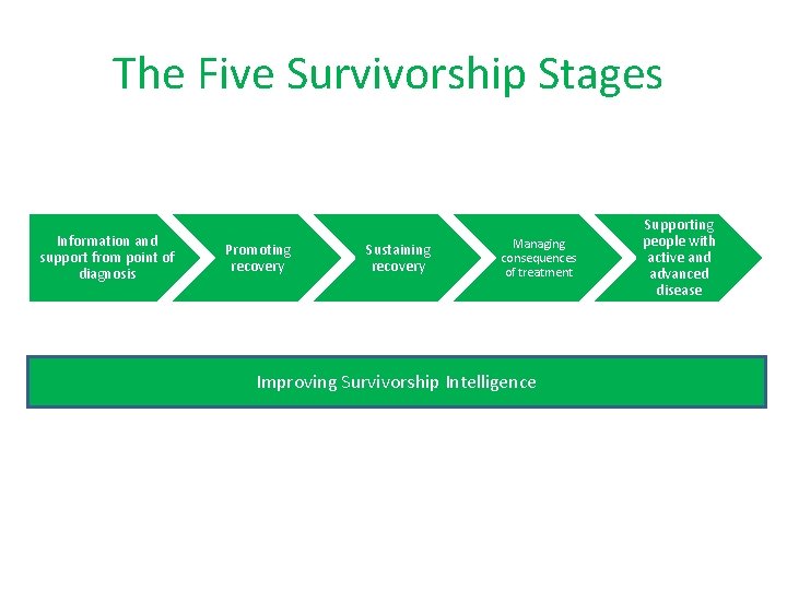The Five Survivorship Stages Information and support from point of diagnosis Promoting recovery Sustaining