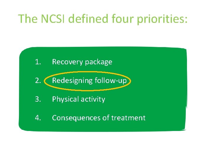 The NCSI defined four priorities: 1. Recovery package 2. Redesigning follow-up 3. Physical activity