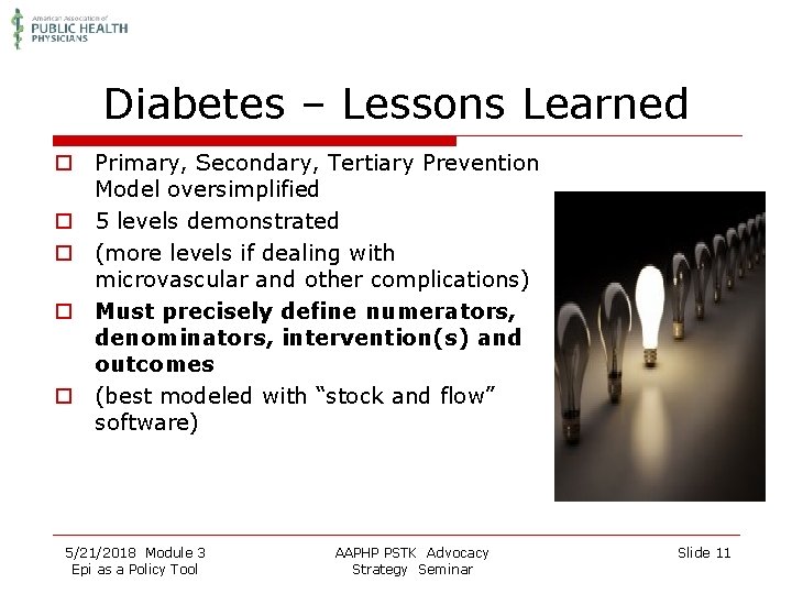 Diabetes – Lessons Learned o Primary, Secondary, Tertiary Prevention Model oversimplified o 5 levels