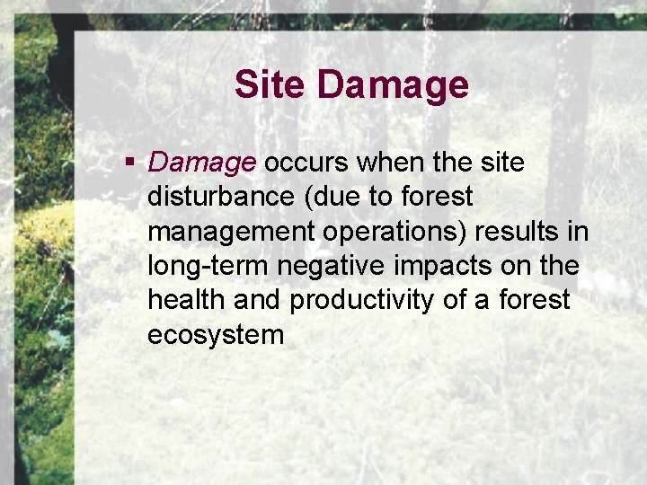 Site Damage § Damage occurs when the site disturbance (due to forest management operations)