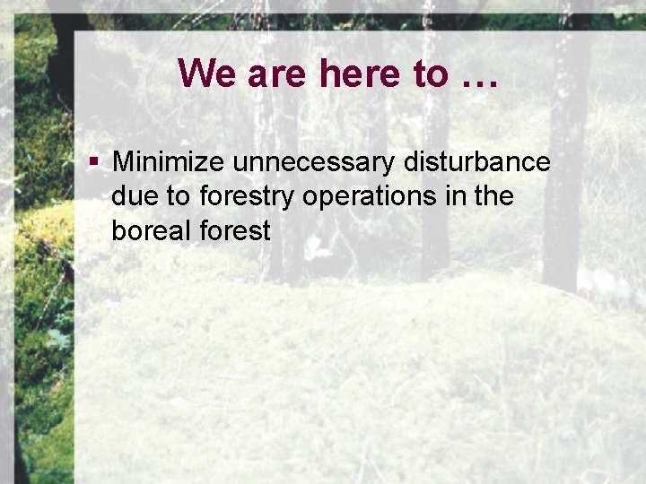 We are here to … § Minimize unnecessary disturbance due to forestry operations in