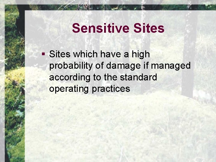 Sensitive Sites § Sites which have a high probability of damage if managed according