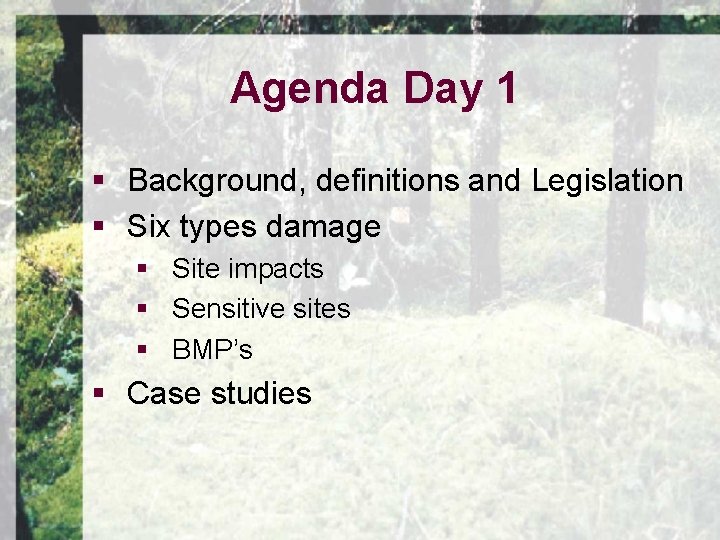 Agenda Day 1 § Background, definitions and Legislation § Six types damage § Site