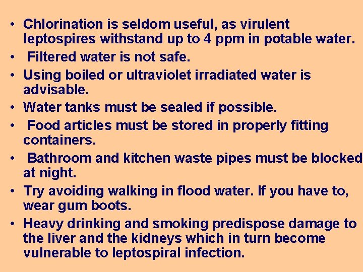  • Chlorination is seldom useful, as virulent leptospires withstand up to 4 ppm