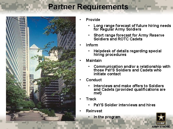 Partner Requirements • • Provide • Long range forecast of future hiring needs for